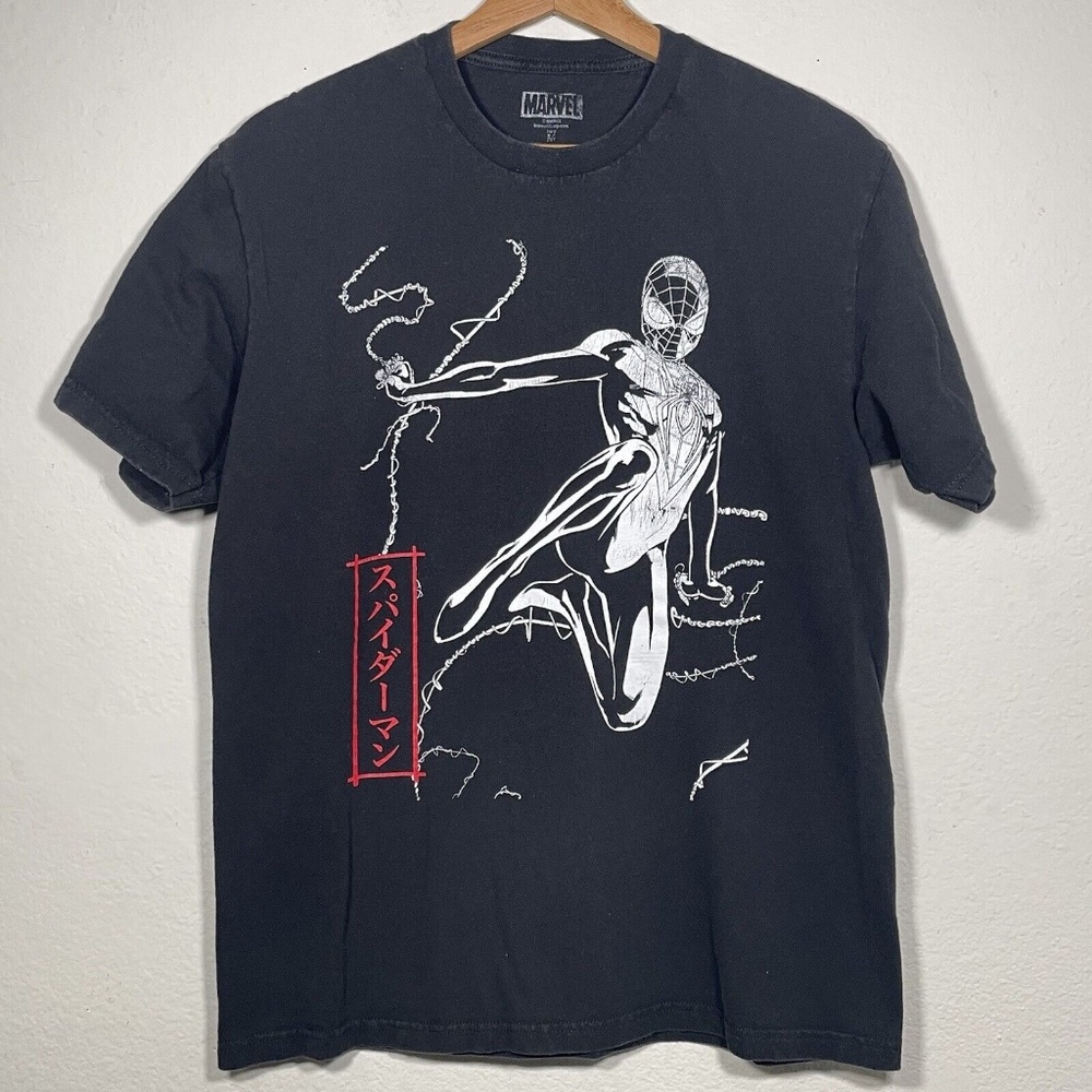 Marvel Spiderman Web Japanese Katakana Black Graphic T Shirt Size Medium